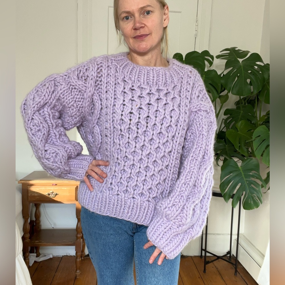 I LOVE MR MITTENS Chunky Lavender Cable Knit Crewneck Sweater - Women's
